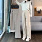 European apricot wide leg pants for women's autumn new high-end fashion plus size straight leg split casual banana pants - Image 3