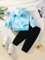 2-piece set of fashionable casual letter printed tie dye hooded long sleeved top and pants for baby boys, autumn and winter - Image 3