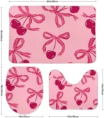 3PCS Pink Bow Cherry Bath Mat Set, U-Shape Toilet Lid Cover & Rug, Non-Slip Cute Bathroom Decor with Floral Fruit Theme - Image 2