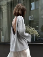 Women Backless Long Sleeve Knitted Sweaters Casual O-Neck Loose Jumpers Tops Autumn Winter Fashion Solid Pullovers Sweater - Image 6