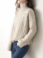 Women's Autumn Winter Thick Mock Neck Pullover 100% Merino Wool Sweater Rhombus Knit Casual Loose Style Cashmere Knitwear - Image 2
