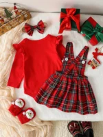 3Pcs Autumn Christmas Newborn Infant Baby Girl Clothes Sets Knit Red Romper Deer Plaid Skirts Outfits Costume 0-1Y +Headband - Image 2
