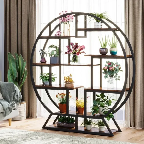 Indoor Plant Stand, 63 Inch Round Plant Shelf Holder, Multipurpose Flower Pot Stands with 8 Shelves, Metal and Wood Bonsai