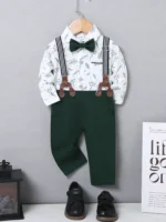 Baby Boy Clothes Infant Tuxedo Long Sleeve Gentleman Outfits + Suspender Pants + Bowtie + Beret Hat Baby Boy Suit Set - Image 3
