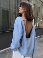 Women Backless Long Sleeve Knitted Sweaters Casual O-Neck Loose Jumpers Tops Autumn Winter Fashion Solid Pullovers Sweater