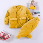 Korean version Baby Boy Clothes children's thickened insulation with cotton clip winter set suitable for baby top jacket+pants - Image 3