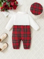 Gentleman Style Autumn Fashion 1-24m Baby Boys' Onesie Red Plaid Small Bow Tie Color Contrast Breasted Lapel Long-Sleeved Onesie - Image 2