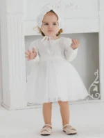 White Christening Dress for Newborn Babies With Long Sleeved 3 Months Baby Dress Little Girls Lace Baptism Ball Dress+Hat - Image 4