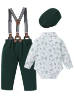 Baby Boy Clothes Infant Tuxedo Long Sleeve Gentleman Outfits + Suspender Pants + Bowtie + Beret Hat Baby Boy Suit Set - Image 2