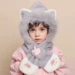 2-10Y Youngsters Cat Paw Embroidery Hat and Scarf Combo Pullover Cute Cat Ear Winter Plush Thickened Ear Neck Protection Warm - Image 5