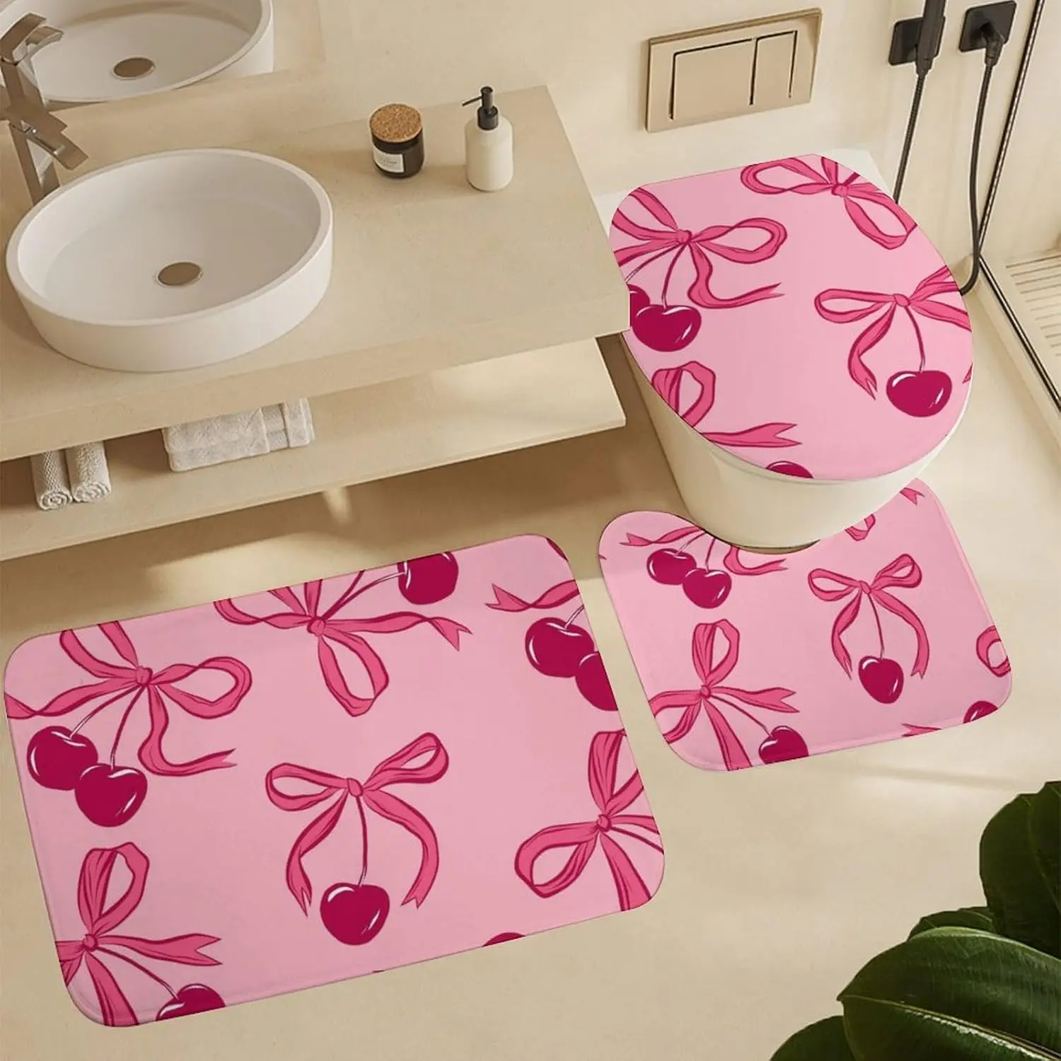 kf-S8dc99972fec14b839f0f5cd9802cdde1I 3PCS Pink Bow Cherry Bath Mat Set, U-Shape Toilet Lid Cover & Rug, Non-Slip Cute Bathroom Decor with Floral Fruit Theme - Image 1