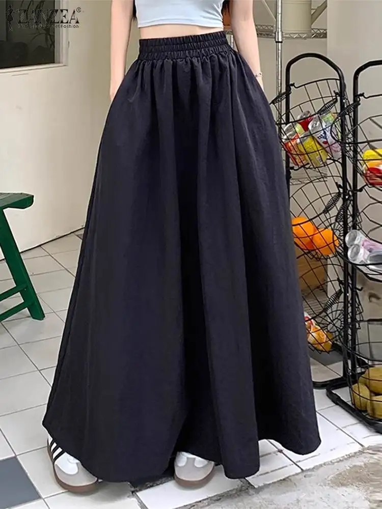 kf-S8e6c4bd35d9946f38eceb399a4dad7ae7 ZANZEA Women Umbrella Long Skirt Streetwear Elastic Waist Jupes 2024 Summer Pocket Oversize Falda Casual Loose Solid Maxi Skirts - Image 1