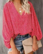 2023 New European and American Cross Boder Spring/Summer/Autumn V-neck Casual Shirt Printed Lantern Sleeve Top Women's W