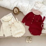 Autumn Spring Korean Style Children Knitted Clothing Suit Long Sleeved Solid Color Cardigan+Jumpsuit Infant Baby Clothes Set - Image 2