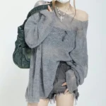 Fashion hot girl style loose casual knitted sweater, sexy hollow pink long-sleeved sunscreen girls pullover top - Image 3