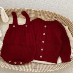 Autumn Spring Korean Style Children Knitted Clothing Suit Long Sleeved Solid Color Cardigan+Jumpsuit Infant Baby Clothes Set - Image 4