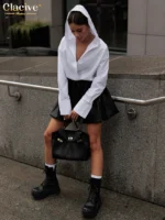 Clacive Fashion Loose White Cotton Women's Shirt 2025 Elegant Hooded Long Sleeve Blouses Streetwear Solid Top Female Clothing - Image 3