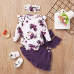 0-18 Months Newborn Baby Girl Clothes Set Floral Print Long Sleeve Romper Top + Suspender Skirt + Headband Cute 3PCS Outfit - Image 2