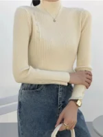 Women Knitted Sweater Long Sleeve Button Turtleneck Slim Pullovers for Autumn Winter Female Sweaters Soft Warm Bottoming Tops - Image 6