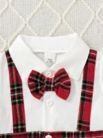 Gentleman Style Autumn Fashion 1-24m Baby Boys' Onesie Red Plaid Small Bow Tie Color Contrast Breasted Lapel Long-Sleeved Onesie - Image 3