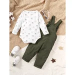 3-24 Months Toddler Baby Boy 2PCS Clothing Set Bear Print Bodysuit with Green Overall Fashion Cute Autumn and Winter Costumes - Image 2
