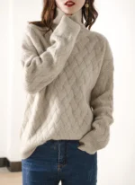 Women's Autumn Winter Thick Mock Neck Pullover 100% Merino Wool Sweater Rhombus Knit Casual Loose Style Cashmere Knitwear - Image 3